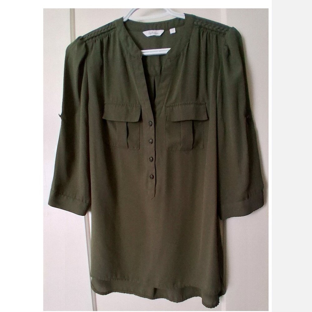 Women's Reitmans Olive Green 3/4 Length Sleeve Blouse, Braid & Gold Buttons, 3